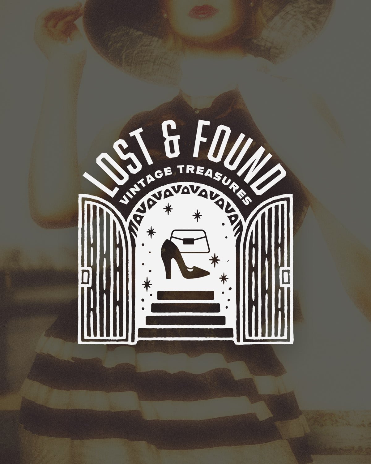 The text "Lost & Found Vintage Boutique" along with a door opened to stairs leading to a purse and shoe appear on top of a woman posing in a dress and hat
