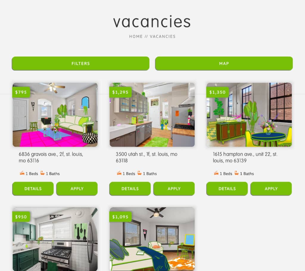 Screenshot of the Garcia Property Management website’s “Vacancies” page. The header includes navigation links for Vacancies, Management, Team, and Contact, with green text and black separators. The logo features stylized green buildings above the company name. Two green buttons labeled “Pay Rent” and “Request Maintenance” are at the top right. Below, the page title “Vacancies” appears prominently, followed by breadcrumb navigation (“Home // Vacancies”). Two large green buttons labeled “Filters” and “Map” are displayed above property listings with price tags and images.