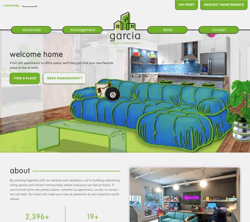 Website homepage for Garcia Property Management with a bright green illustrated couch over a modern apartment background. Navigation bar includes Vacancies, Management, Team, and Contact.