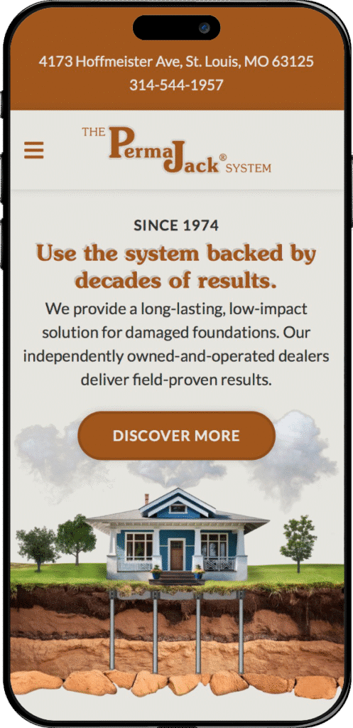 Mobile phone mockup of the redesigned Perma Jack website with a clean layout, brown header, bold tagline, and illustration of a house supported by foundation piers.
