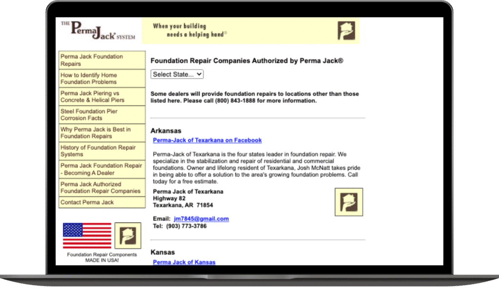 Laptop screen displaying the old Perma Jack website dealer directory with a simple text list of authorized companies by state.