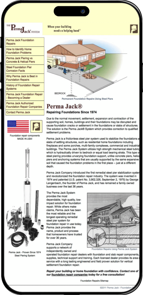 Mobile phone mockup showing the outdated Perma Jack website design with yellow sidebar menu and technical foundation repair text.