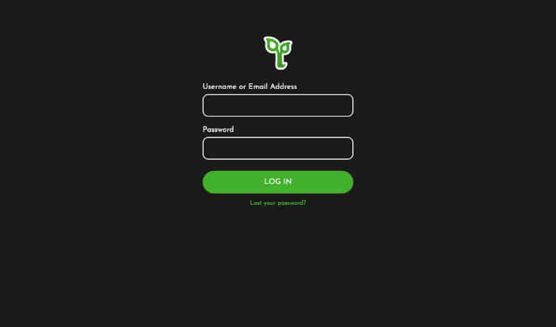 Login page for TPanel with black background, green leaf logo, and fields for username, email, and password.