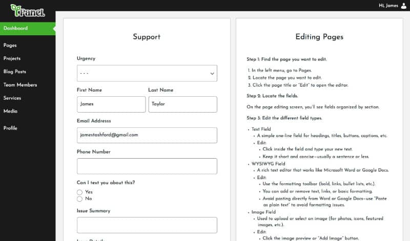 TPanel dashboard showing support form on the left and page editing instructions on the right. Sidebar menu includes Pages, Projects, Blog Posts, Team Members, and Services.”