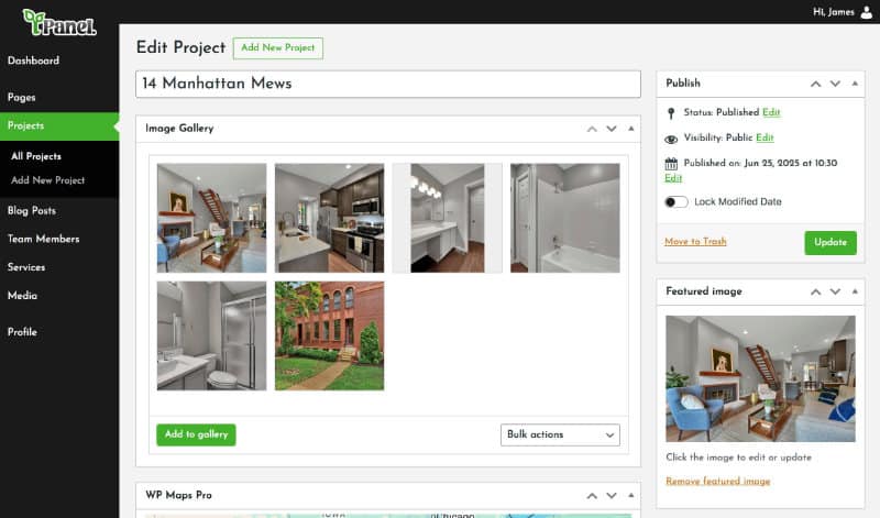 TPanel dashboard editing a project titled ‘14 Manhattan Mews.’ The screen shows an image gallery of six property photos including living room, kitchen, bathroom, and exterior brick facade. Options to publish, update, and set featured image appear on the right sidebar.