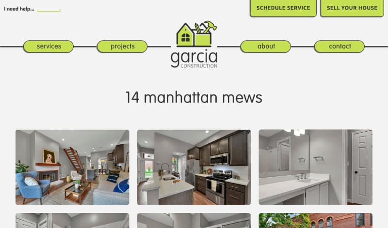 Garcia Construction project page for ‘14 Manhattan Mews.’ The webpage displays six property images featuring interiors and an exterior brick facade, with navigation for services, projects, about, and contact at the top.