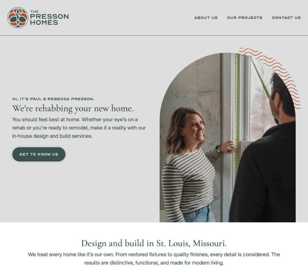Website homepage for The Presson Homes featuring Paul and Rebecca Presson smiling while working near a window. Headline reads ‘We’re rehabbing your new home’ with navigation links above.