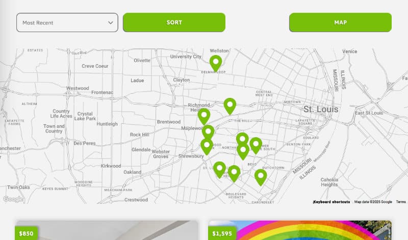 Map view of property listings around the St. Louis area with green location pins marking available homes. Sorting and map view buttons appear at the top of the page, along with options to filter listings by recency.