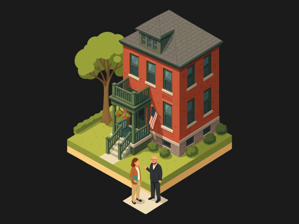 Isometric illustration of a red brick two-story house with a front porch, green trim, and an American flag, set on a small lot with a tree and lawn, where a real estate agent and client are talking on the sidewalk.