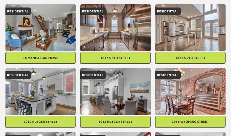 Grid of residential project listings on the Garcia Construction website, showing bright, modern home interiors with kitchens, dining areas, and living rooms. Each project is labeled “Residential” with addresses such as 14 Manhattan Mews, 1817 S 9th Street, 1910 Rutger Street, and 1956 Wyoming Street.
