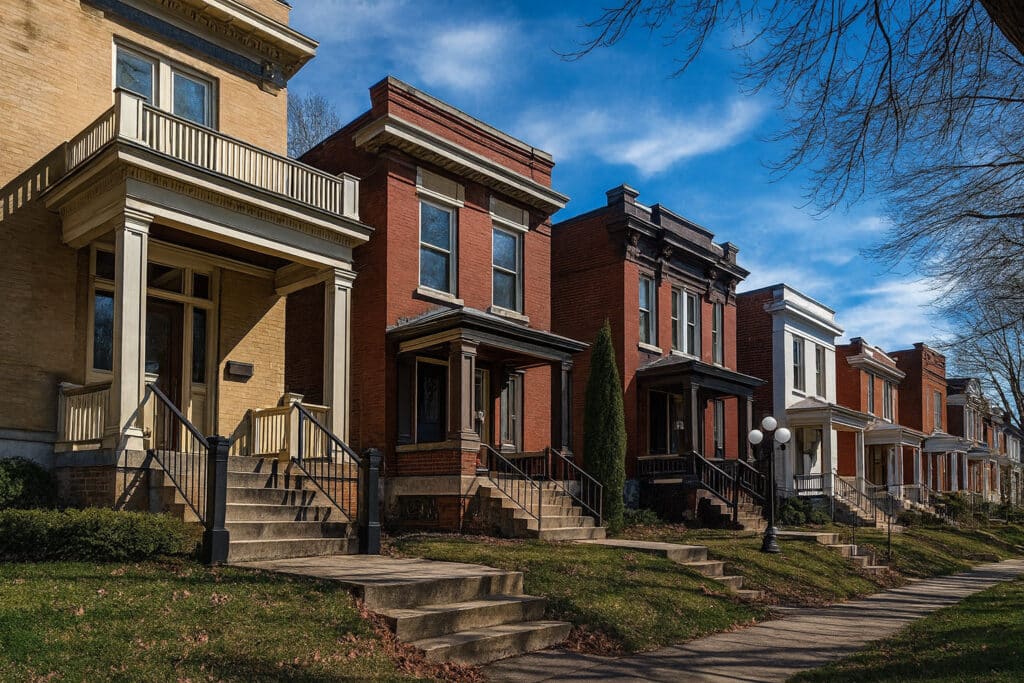 A row of historic brick homes in a St. Louis neighborhood, featuring ornate architectural details, covered porches, and stone steps leading up from a grassy lawn, all under a bright blue sky with bare winter trees.