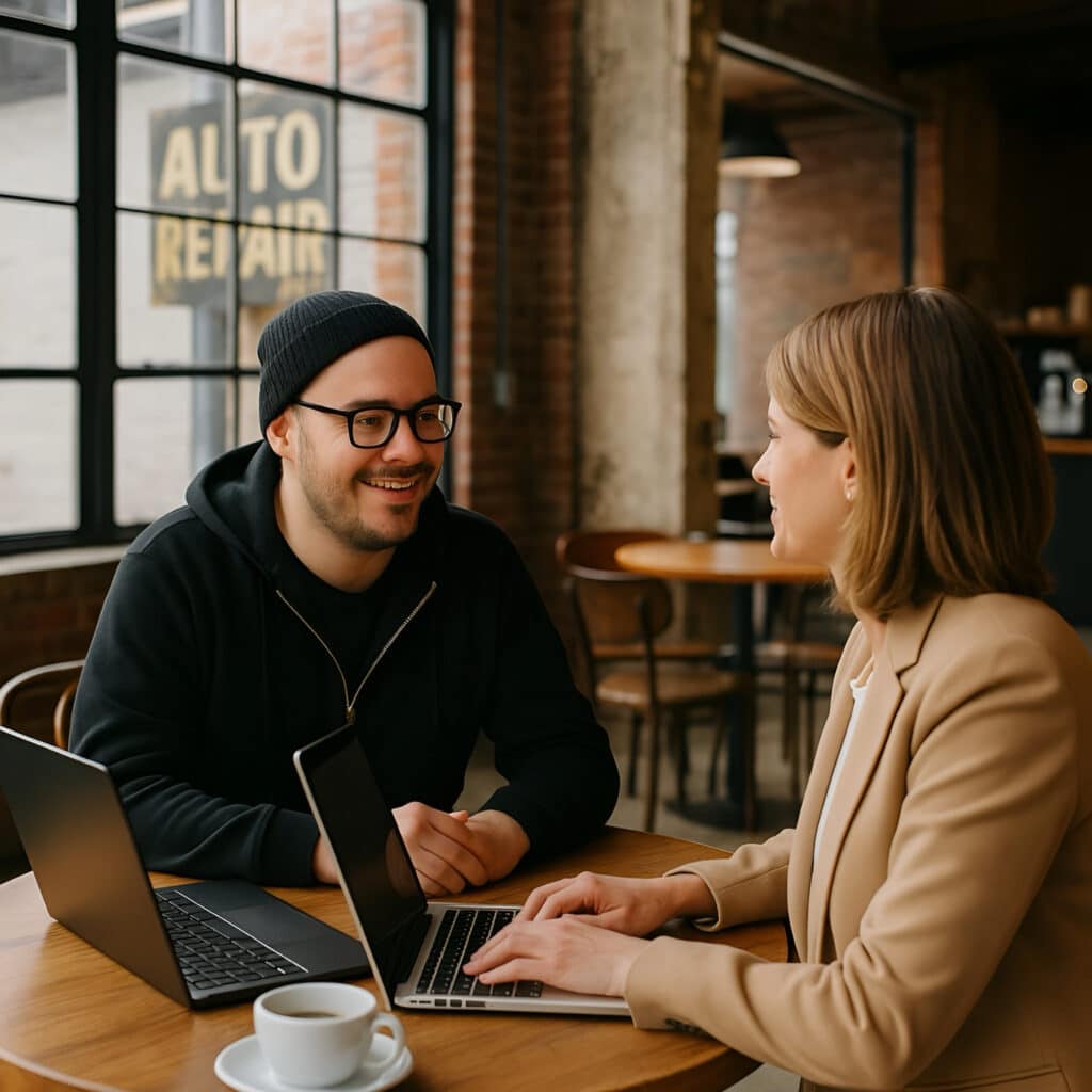 Two people sitting at a wooden table in a cozy coffee shop, both working on laptops and smiling during a conversation, with a coffee cup in front of them and an old “Auto Repair” sign visible through the large industrial-style window.