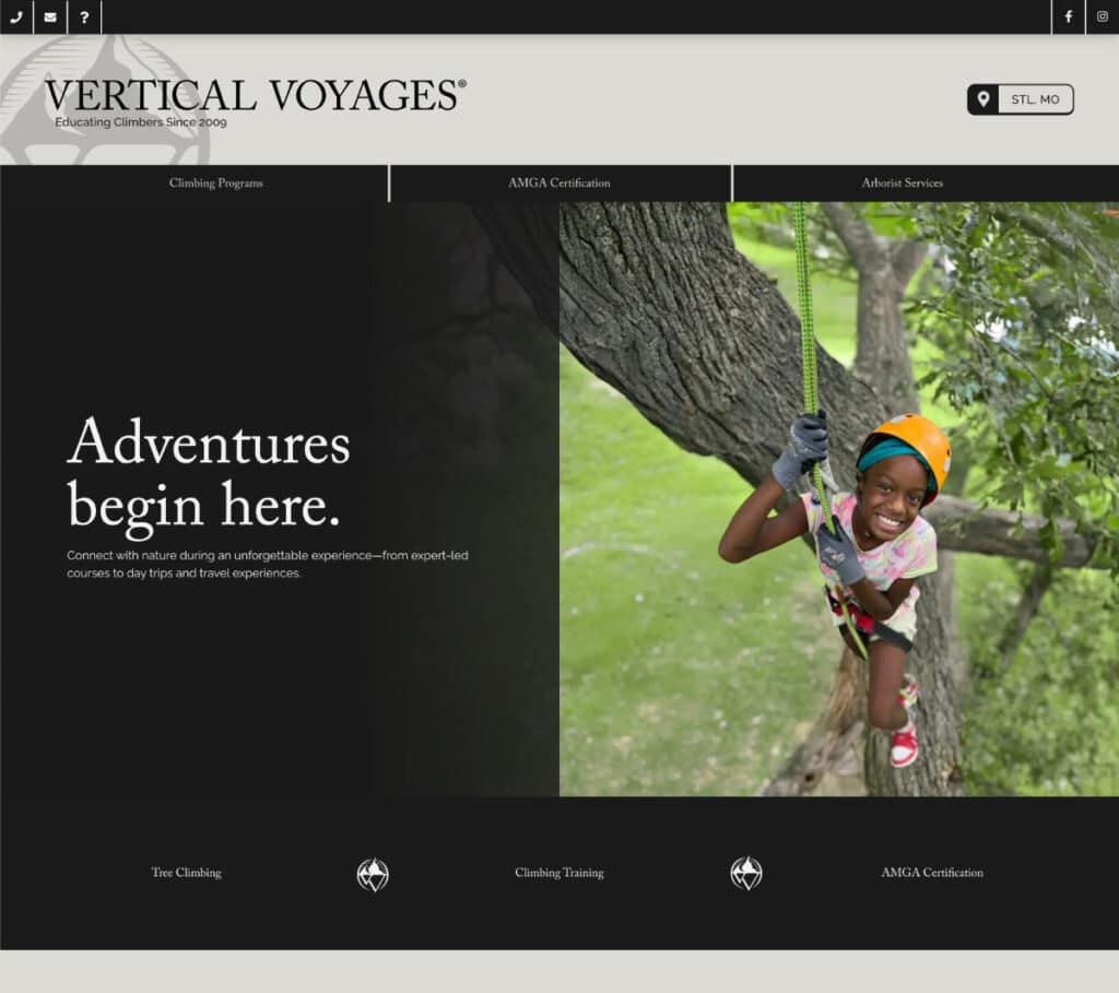 Child wearing a helmet and harness climbing a tree with ropes during an outdoor adventure program.