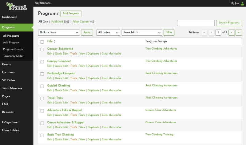 WordPress admin dashboard showing the “Programs” custom post type list, including program titles, edit options, and associated program groups.