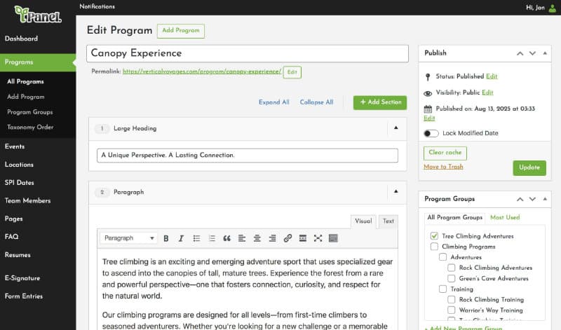 WordPress admin “Edit Program” screen for “Canopy Experience,” showing content sections including a large heading and paragraph editor, along with publish settings and program group selection.