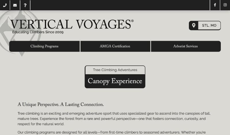 Vertical Voyages website page for “Canopy Experience,” featuring navigation for climbing programs, certification, and arborist services, with a headline and introductory description about tree climbing.