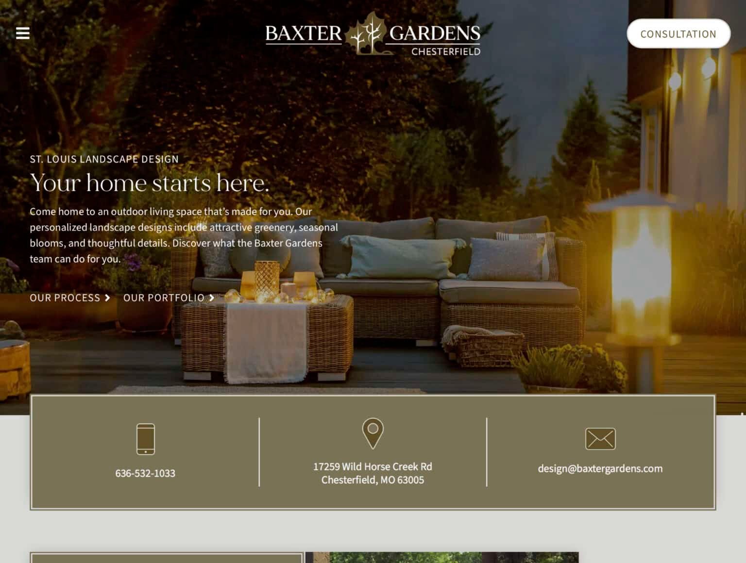 Baxter Gardens Chesterfield homepage hero section showing an evening outdoor living space with lounge seating, string lights, and a “Your home starts here” headline.