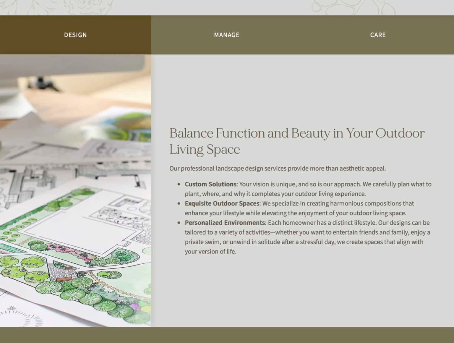 Baxter Gardens website page with Design, Manage, and Care navigation tabs, showing a landscape design sketch alongside text on balancing function and beauty in outdoor living spaces.