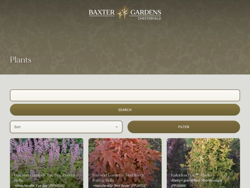 Baxter Gardens plant database search page with a search bar, sort and filter controls, and a grid of plant photos including Foamy Bells and Kaleidoscope Abelia.