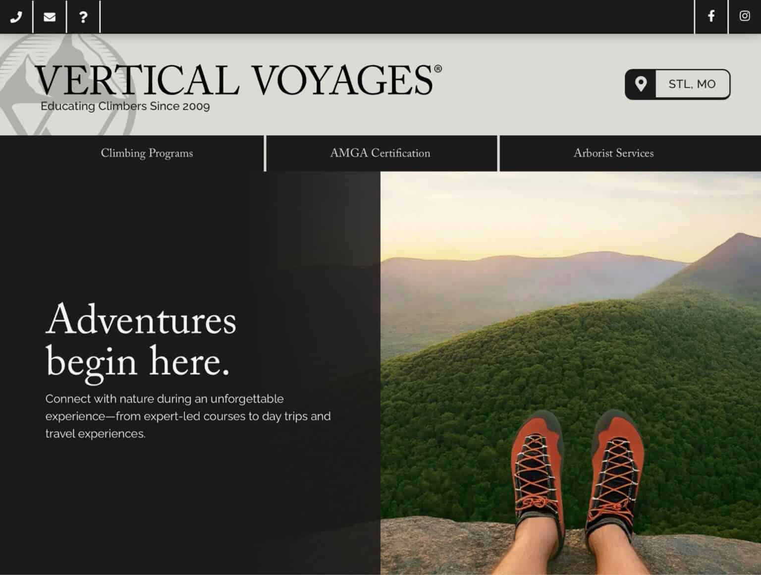 Climber's feet in approach shoes overlooking forested mountain ridge at sunset, Vertical Voyages outdoor adventure homepage