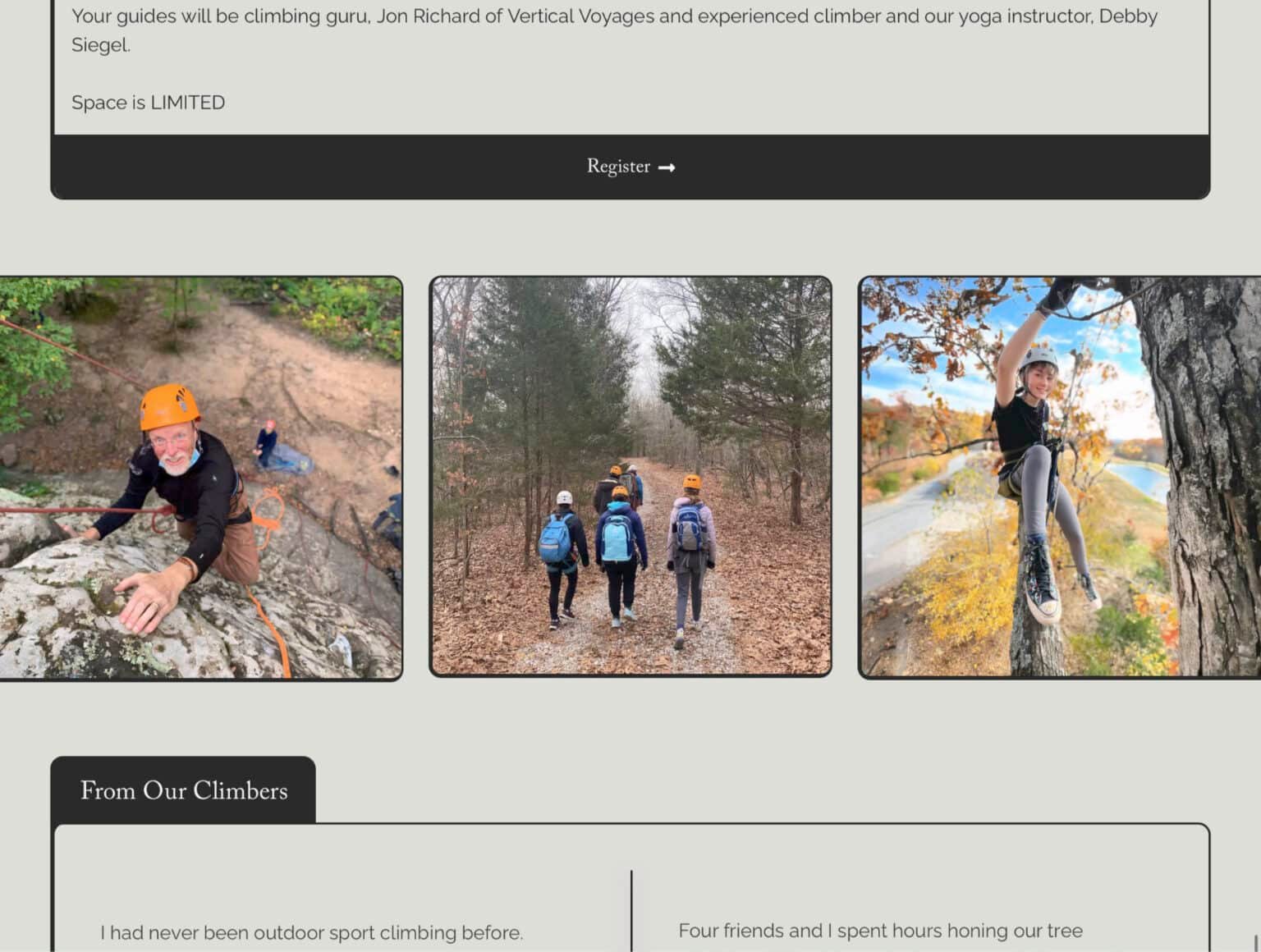 Vertical Voyages climbing collage: guide rock climbing, group hiking wooded trail with helmets and backpacks, climber ascending tree above creek in fall foliage