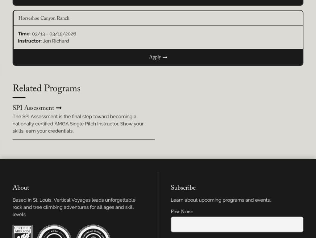 Vertical Voyages program details page footer showing Horseshoe Canyon Ranch course dates and instructor, related SPI Assessment program link, About section, newsletter signup, and certification badges for Certified Arborist, AMGA, and Mountain Guide credentials