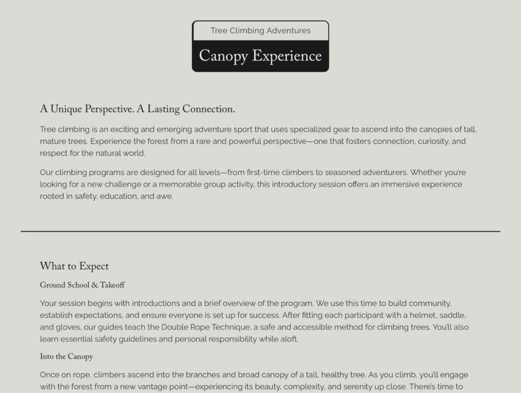 Screenshot of the Vertical Voyages ‘Canopy Experience’ page, showing the program header and introductory copy about tree climbing