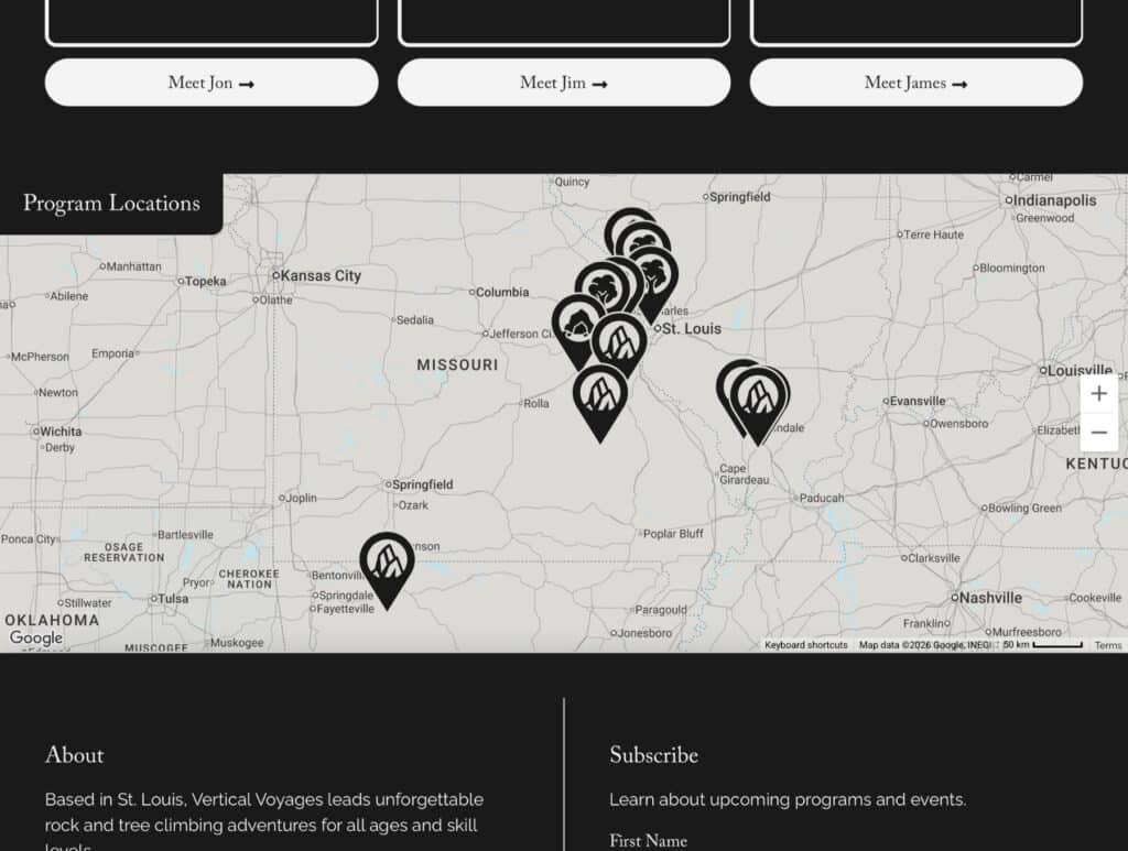 Screenshot of the Vertical Voyages website showing ‘Meet the Team’ buttons for Jon, Jim, and James, a ‘Program Locations’ map with climbing location pins across Missouri and Arkansas, and the start of an About/Subscribe footer section