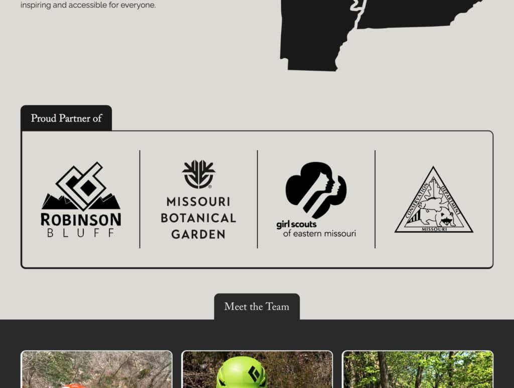 Screenshot of the Vertical Voyages website showing a ‘Proud Partner of’ section with logos for Robinson Bluff, Missouri Botanical Garden, Girl Scouts of Eastern Missouri, and Missouri Department of Conservation, followed by the start of a ‘Meet the Team’ section with three team photos