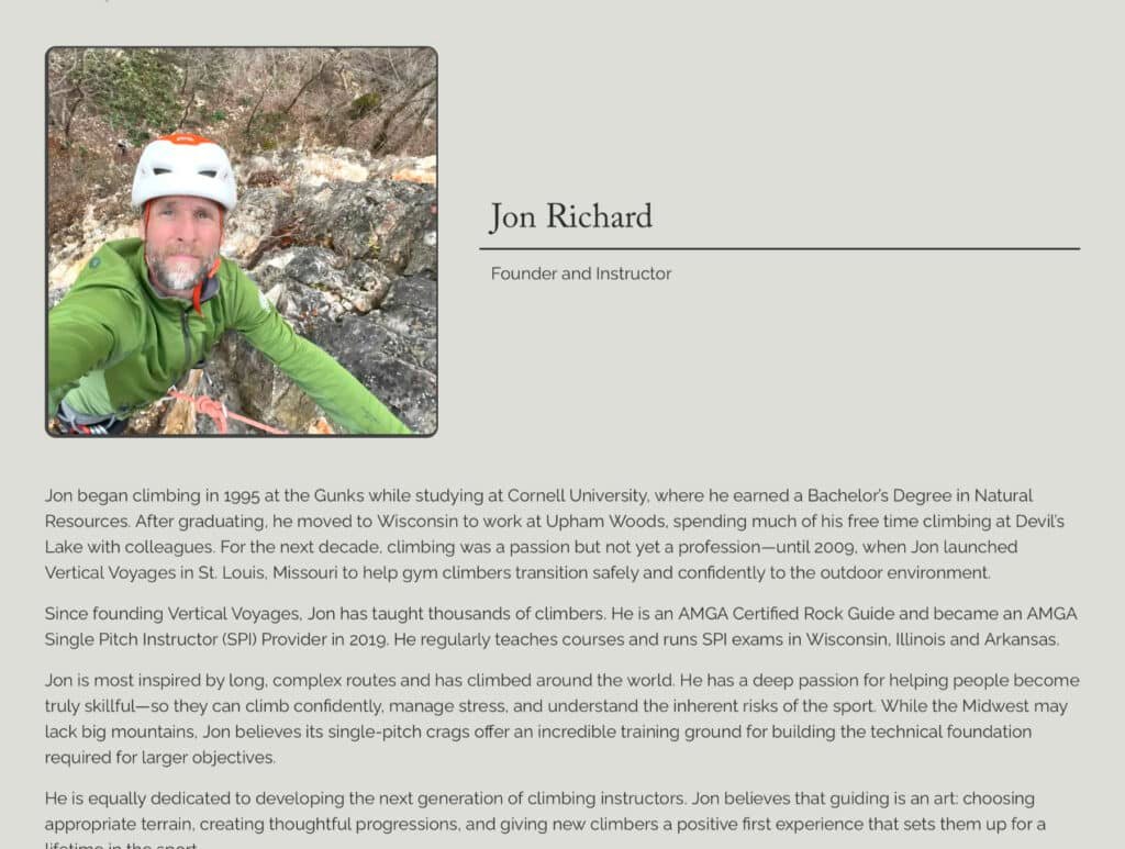 Screenshot of the Vertical Voyages website, featuring founder and instructor Jon Richard with a photo of him rock climbing, alongside his bio describing his climbing background and AMGA certifications