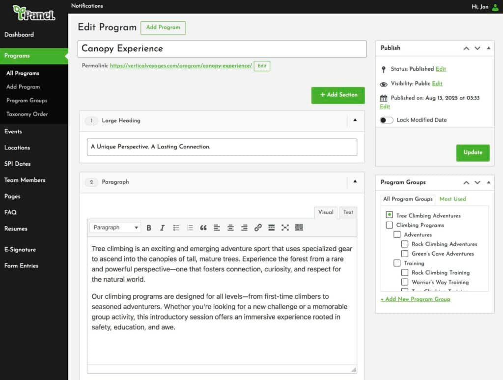 Screenshot of a custom WordPress admin dashboard for Vertical Voyages, showing the ‘Edit Program’ screen for the Canopy Experience with section-based content editing fields and a sidebar for publish status and program group taxonomy