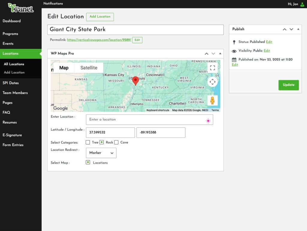 Screenshot of the Vertical Voyages admin dashboard’s ‘Edit Location’ screen for Giant City State Park, showing a map with a pinned location, latitude/longitude fields, category checkboxes, and location redirect settings
