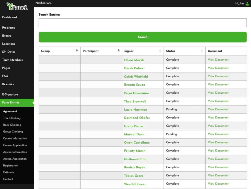 Screenshot of the Vertical Voyages admin dashboard’s Form Entries section, showing a searchable table of e-signature agreements with columns for group, participant, signer, status, and document link