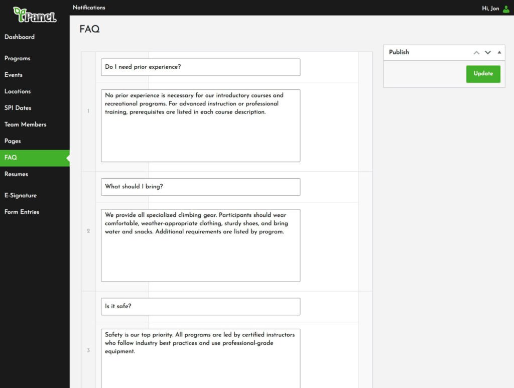 Screenshot of the Vertical Voyages admin dashboard’s FAQ editor, showing repeatable question-and-answer fields covering topics like prior experience, what to bring, and program safety