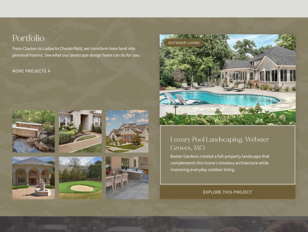 Baxter Gardens portfolio section: a featured Webster Groves, MO luxury pool landscaping project beside a grid of six smaller project photos, with a “More Projects” link.