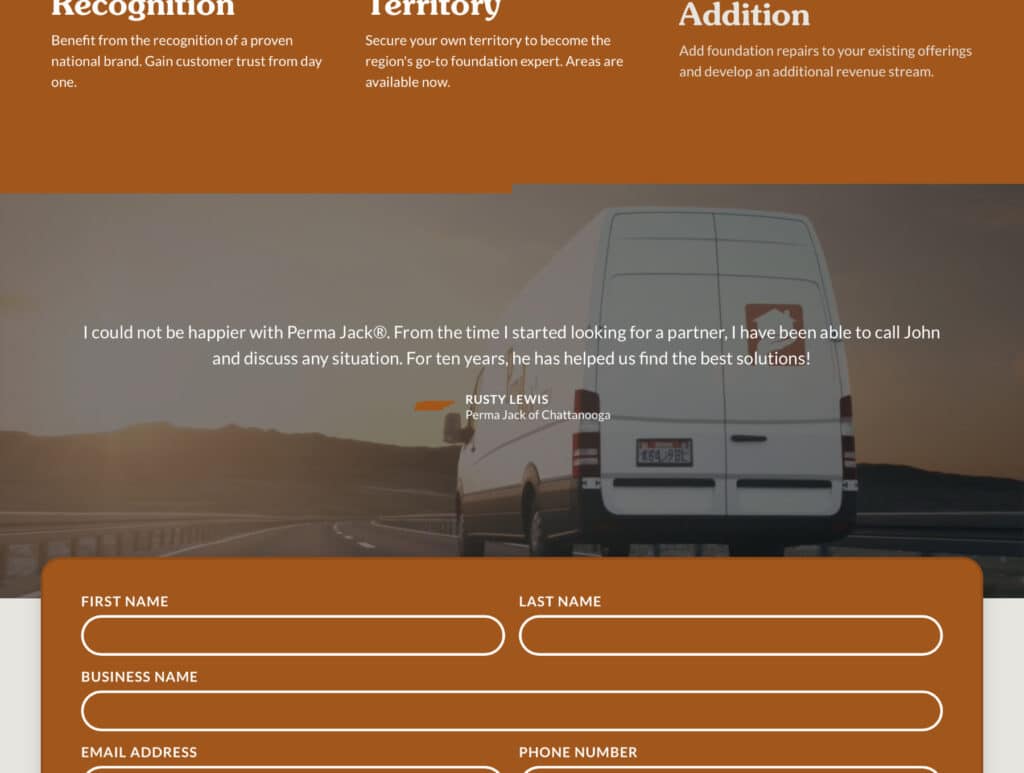 Perma Jack franchise page with a Chattanooga franchisee testimonial over a van photo, above a contact form.